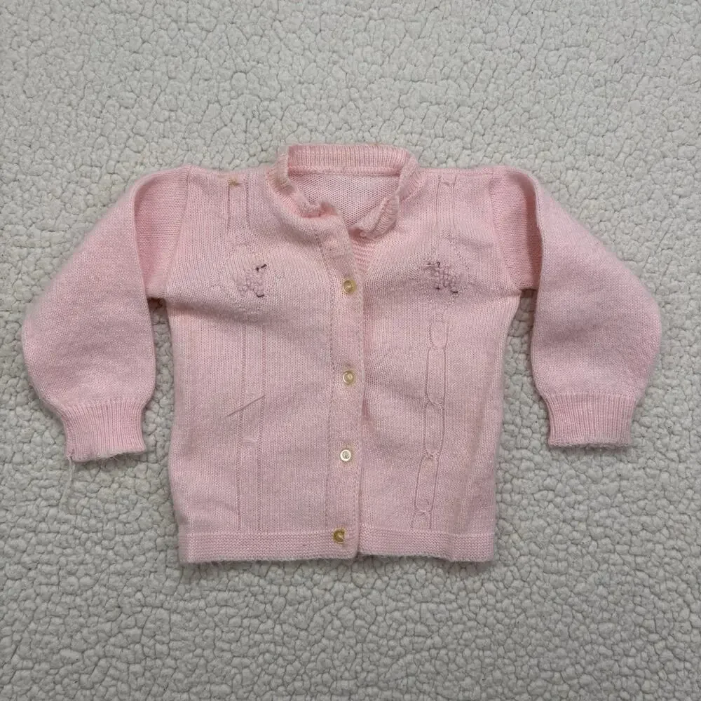 Vintage Hand Knit Pink Baby‎ Girls Toddler Cardigan Sweater Cable Poodle Dog